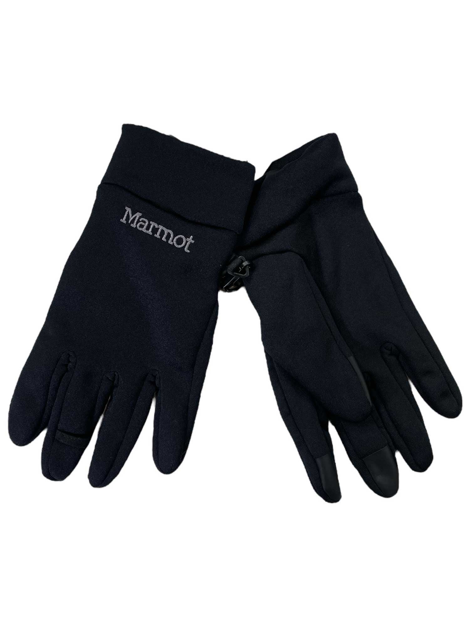 A pair of black Marmot Power Stretch Connect Gloves with the brand name embroidered in white on the back of one glove, touchscreen compatible, shown against a white background.