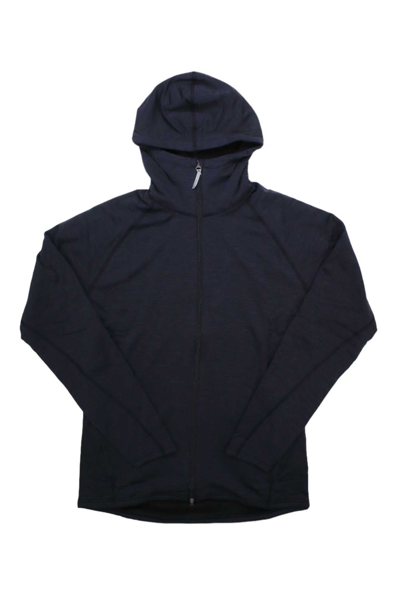 A Houdini Mens Outright Houdi in plain black is laid flat on a white background with sleeves spread and zipper closed—an ideal hiking jacket for men's versatile outdoor adventures.