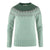 The Fjallraven Womens Ovik Knit Sweater in light green features a round neckline, long sleeves, ribbed hem, cuffs, and collar, plus a white and dark green zigzag and dot pattern across the chest—perfect for hiking comfort.