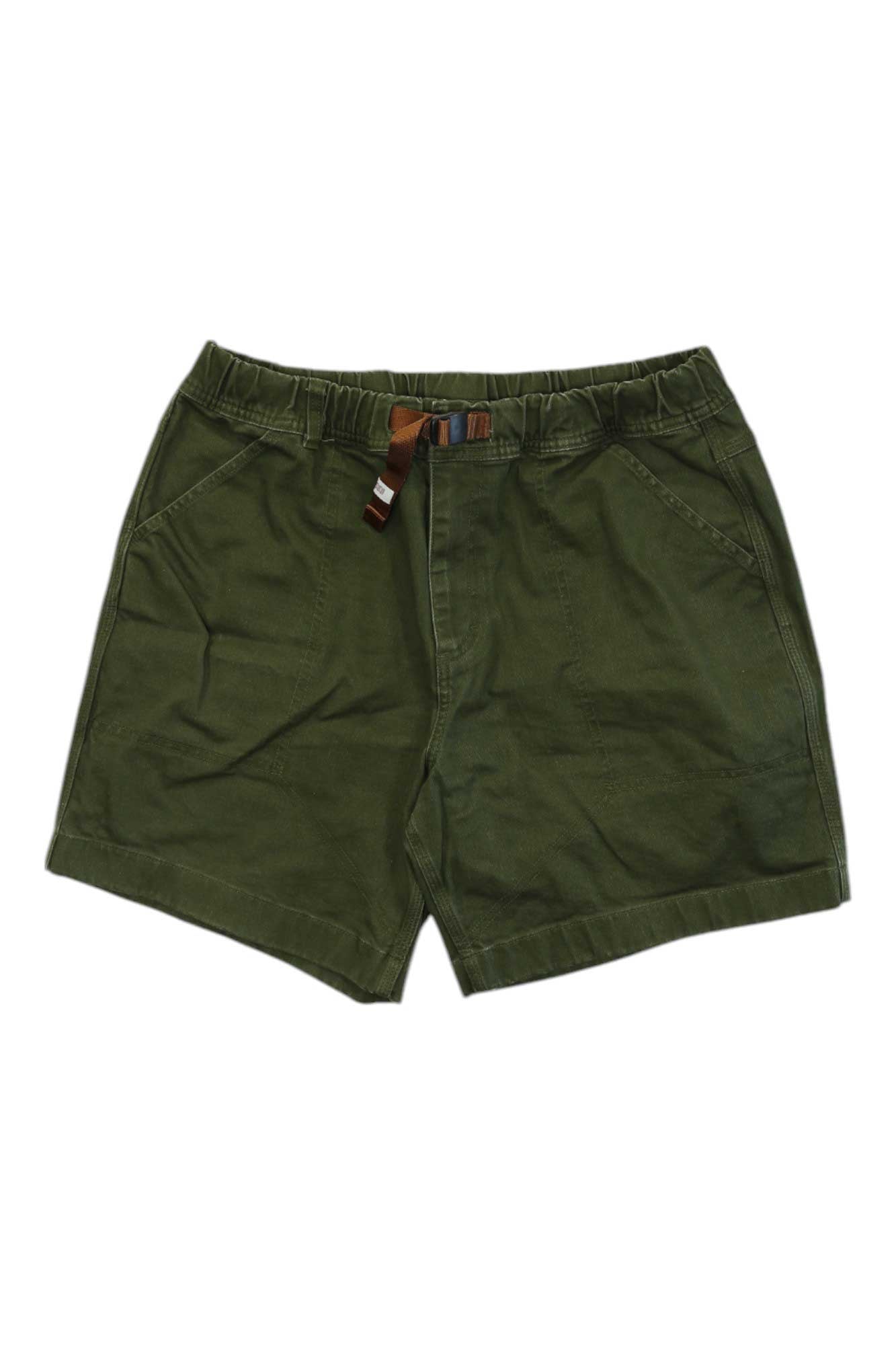 Men's mountain shorts in dark green with zip fly and adjustable waistband
