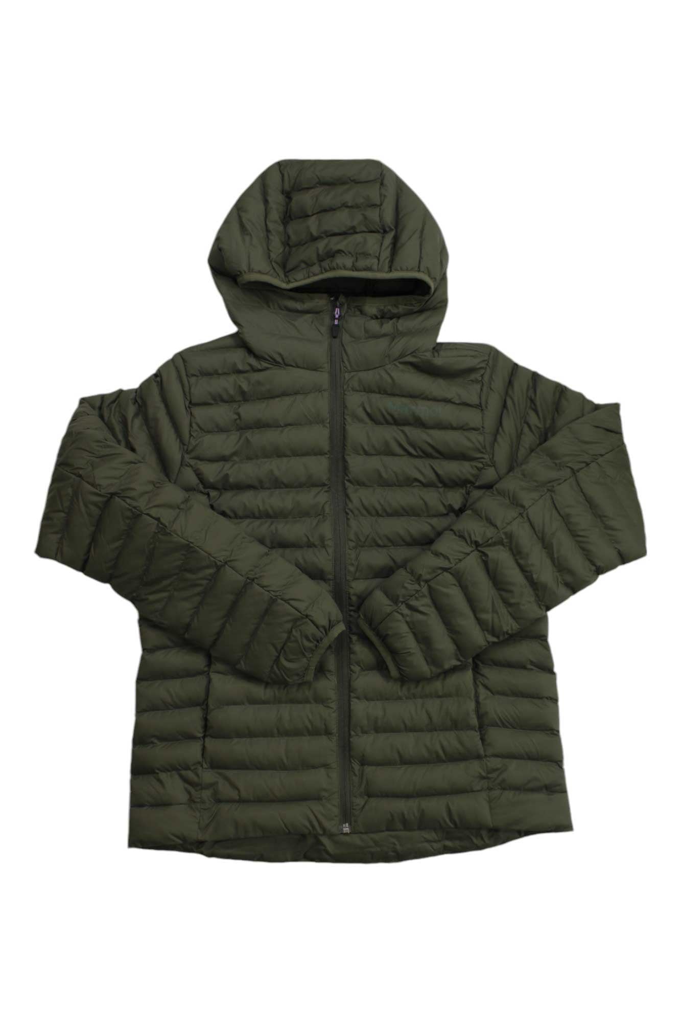 A dark green Marmot Women's Echo Featherless Hoody with synthetic insulation and a front zipper, laid flat on a white background.