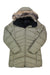 The Marmot Womens Montreal Down Coat is an olive green winter coat with a front zipper, brown faux fur-lined hood, and water-resistant down for warmth—shown flat with crossed sleeves.