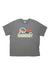 The Marmot Men's Coastal SS Tee is a gray short sleeve shirt with a retro Marmot logo of white mountains, sun, and yellow, orange, and green stripes. Made from recycled polyester for eco-friendly comfort.