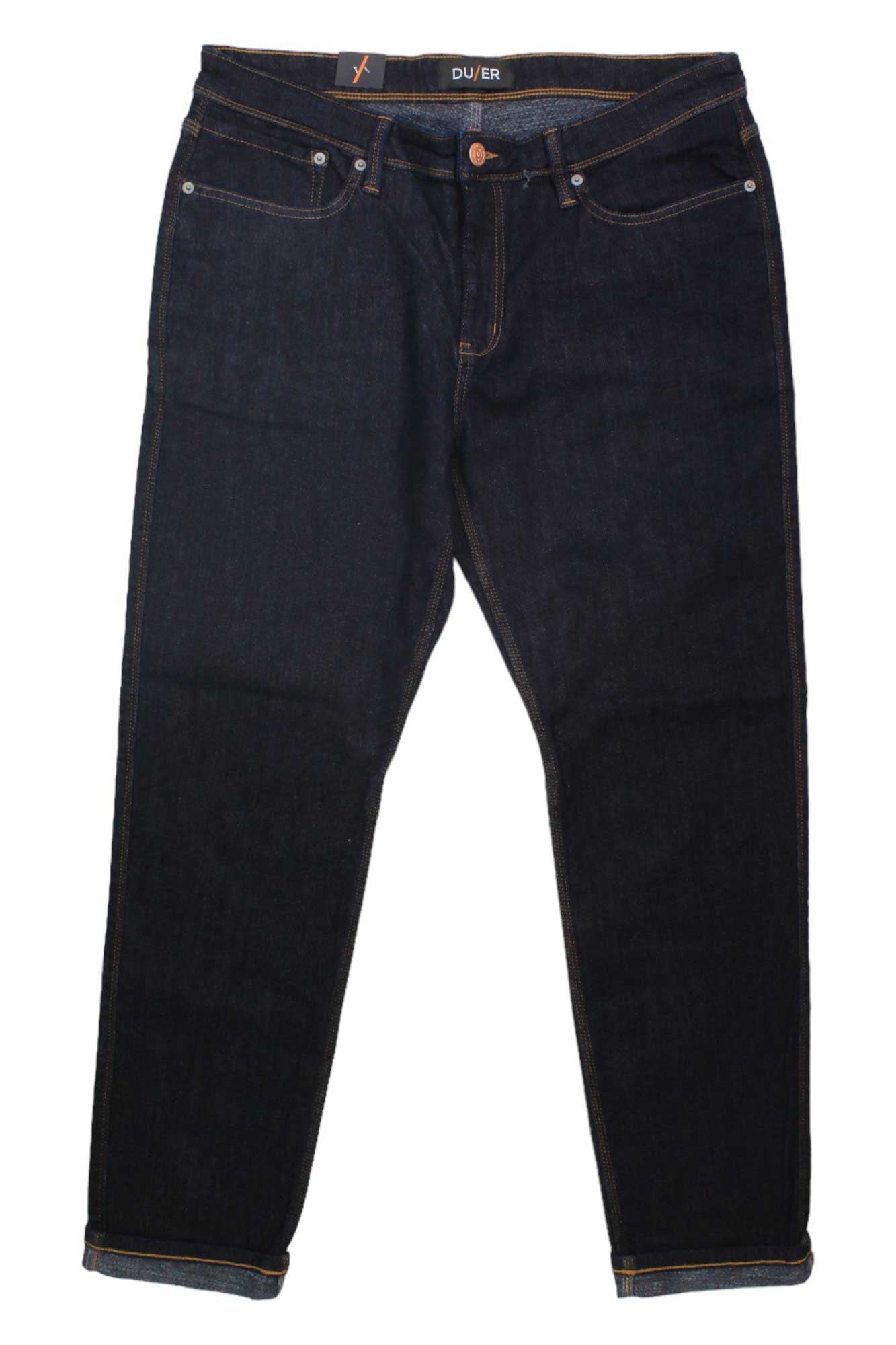 DU/ER Men's Stay Dry Fireside Denim Jean in dark blue, slim fit, features button closure, front and back pockets, and orange stitching; displayed flat on a white background.