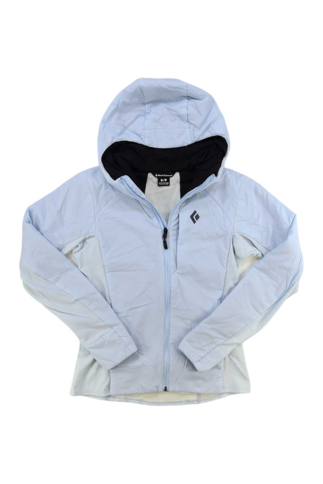 The Black Diamond Women's First Light Hybrid Hoody, in light blue with PrimaLoft insulation, long sleeves, a front zipper, and a small black chest logo, is shown laid flat on a white background.