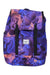 The Herschel Supply Company Retreat Small Backpack features a vibrant floral pattern in purple, blue, and peach, black buckle straps on the front flap, white logo patch, and is made from EcoSystem recycled fabric. Great for carrying a small laptop.