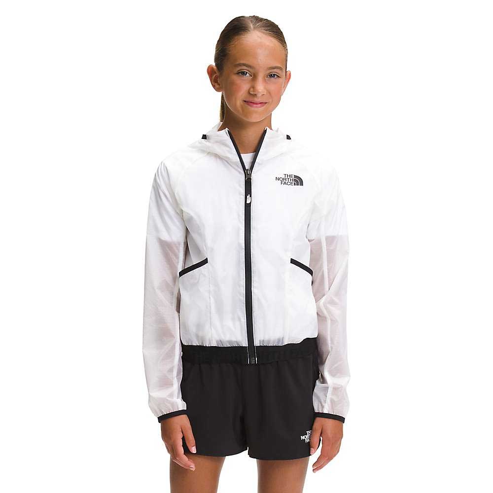 Girls Windwall hoodie in white with full-zip front, black trim, and chest logo