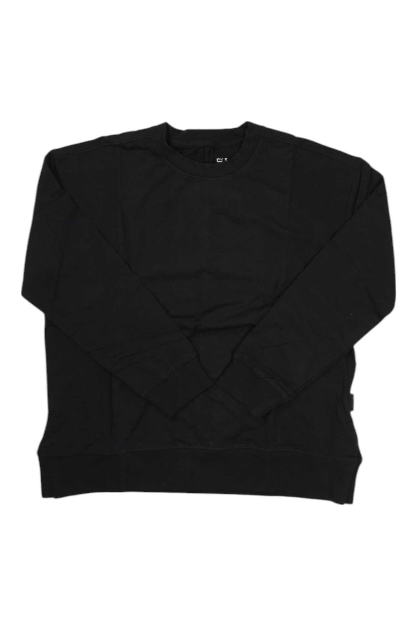 A plain black Boody Womens Weekend Crew Pullover, featuring a classic long-sleeve crewneck style, is laid flat on a white background.