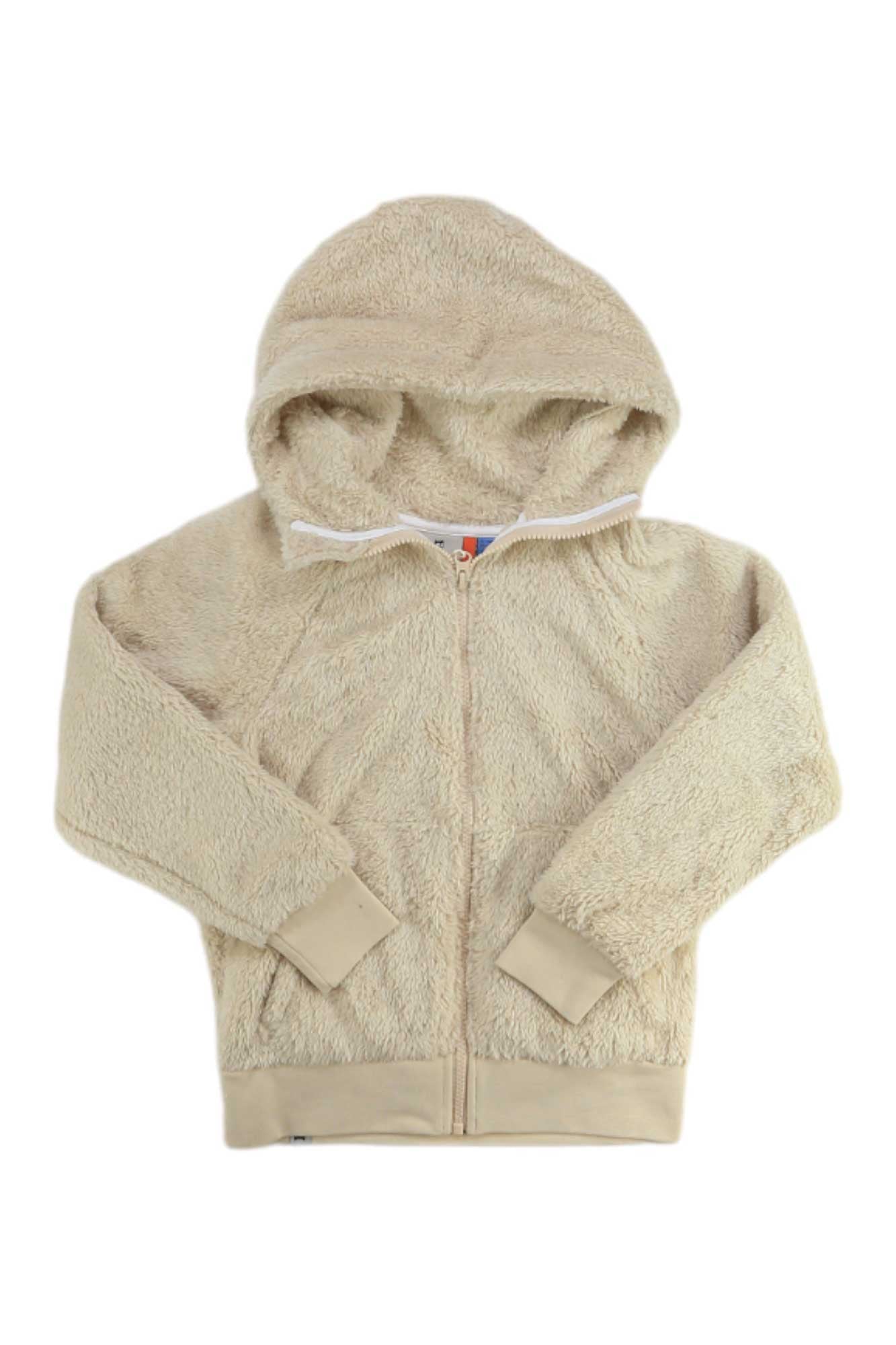 The Namuk Kids Panda High Loft Fleece Hoodie is a beige zip-up fleece with a hood and long sleeves, shown on a white background. Made from soft, plush high loft fleece with matching solid beige cuffs, hem, and zipper lining.