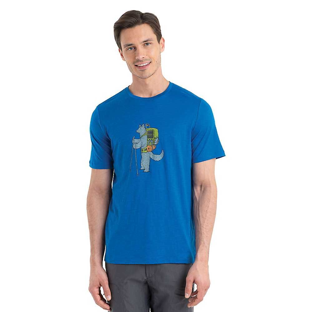 Men's blue merino T-shirt, crew neck, short sleeves, chest character graphic