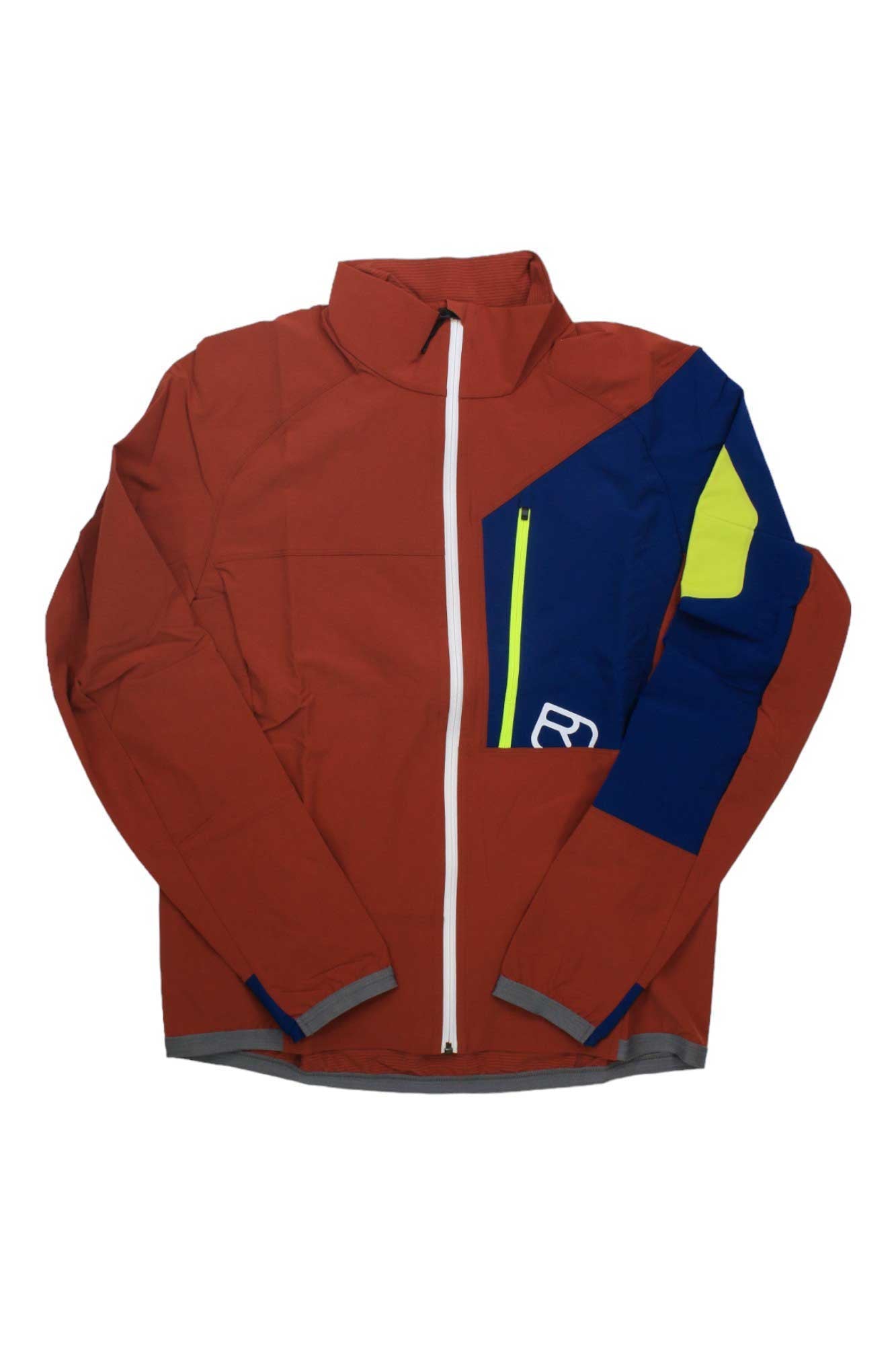 The Ortovox Men's Berrino Jacket is a red merino wool jacket with a white zipper, blue and yellow right shoulder accents, and a blue chest pocket with a white logo—perfect for your next ski trip.
