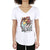 A person wearing the Moosejaw Womens Steel Cut Oats Flowy V-Neck SS Tee, made from organic cotton, with a colorful cartoon moose skiing and "SKI BUM MOOSEJAW" text on the front.