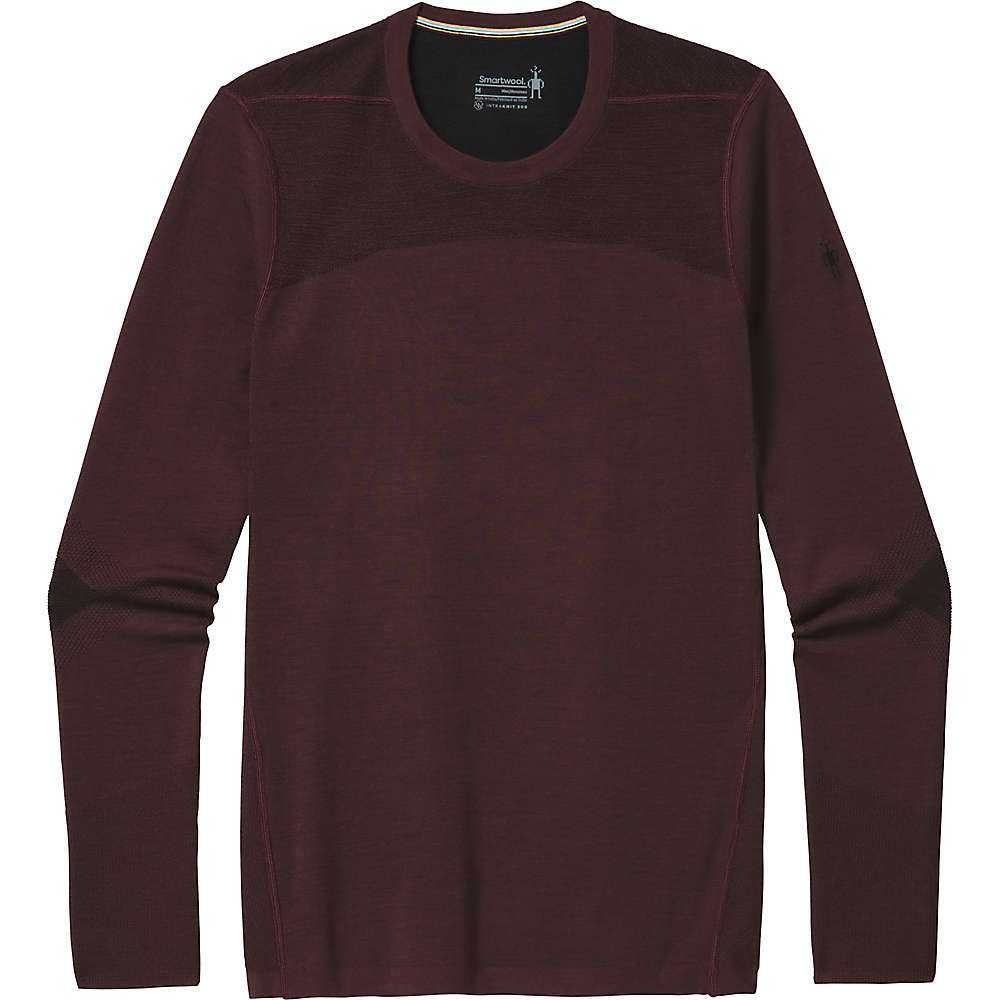 The Smartwool Men's Intraknit Merino 200 Crew is a long-sleeve, crew-neck sweater in dark burgundy with textured shoulder and elbow panels, ideal as a men's base layer for cold weather. Shown on a plain white background.