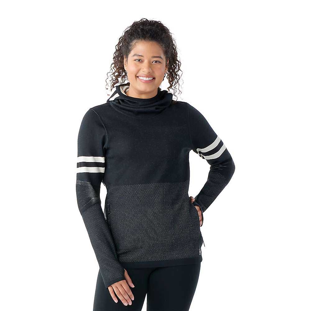 Black merino tech pullover hoodie with striped sleeves and textured knit hem