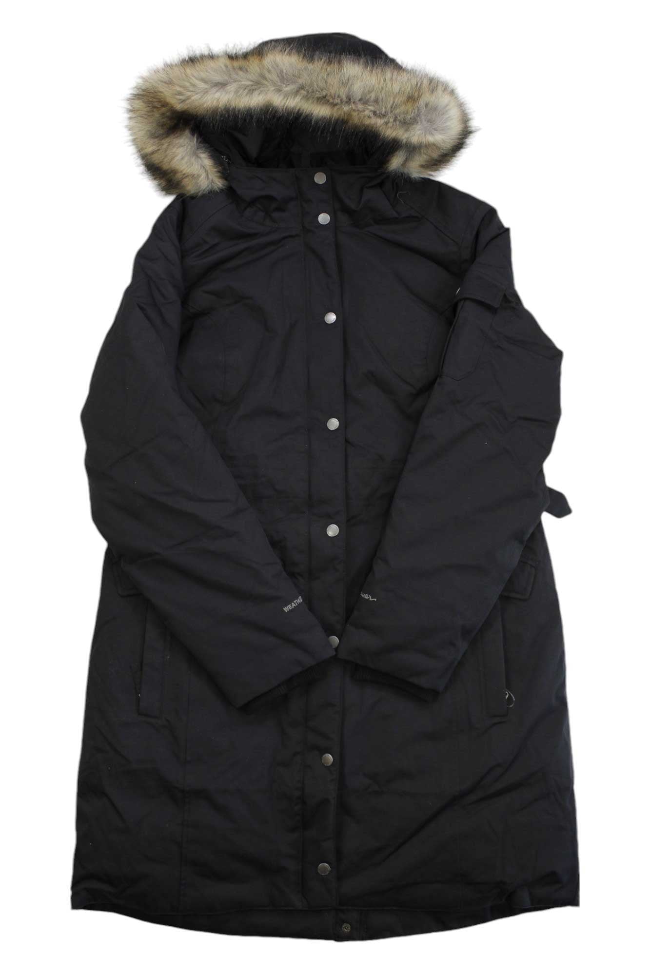 The Eddie Bauer Women’s Superior III Stadium Coat is a long black casual jacket with a fur-lined hood, front snap buttons, and side pockets, shown laid flat on a white background.
