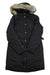 The Eddie Bauer Women’s Superior III Stadium Coat is a long black casual jacket with a fur-lined hood, front snap buttons, and side pockets, shown laid flat on a white background.
