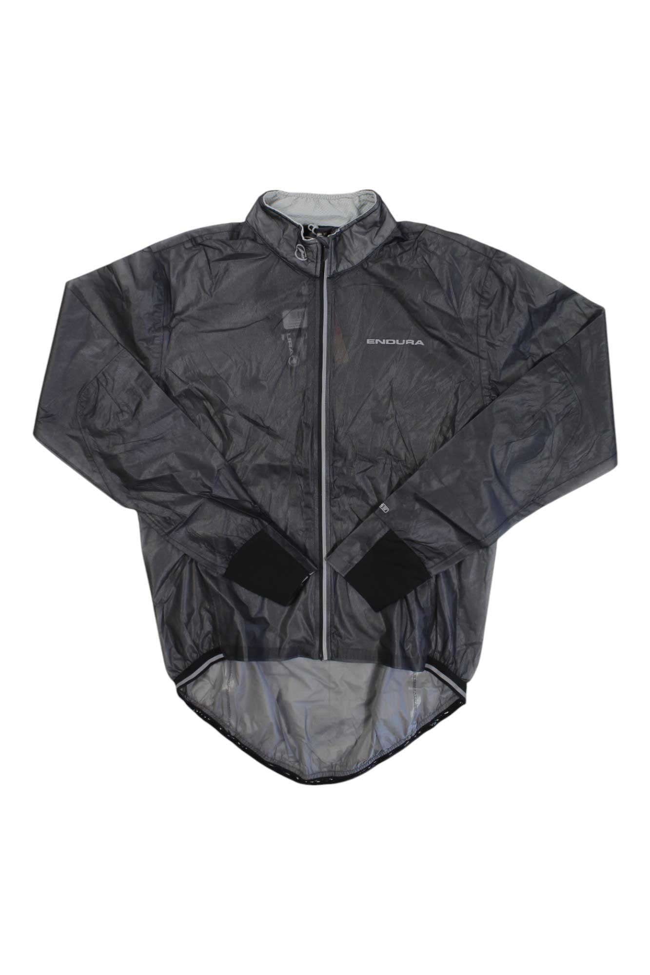 The Endura Mens FS260 Pro Adrenaline Race Cape II Jacket is a black, lightweight, waterproof cycling jacket with a full front zipper, high collar, and dropped rear hem for extra coverage.