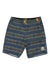 The Howler Brothers Mens Bruja Boardshort features a blue geometric pattern, drawstring waistband, side pockets, and a palm tree patch on the front left leg—a classic design for men's boardshorts.