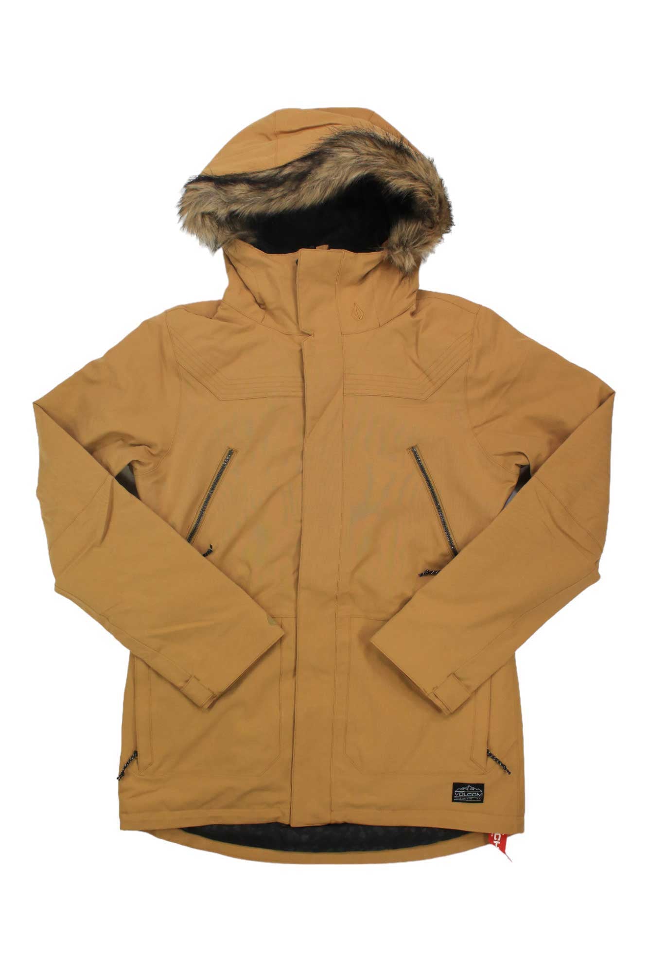 The Volcom Womens Shadow Insulated Jacket in tan features a fur-lined hood, front zipper, and multiple zippered pockets—ideal as a women’s ski jacket. Displayed on a white background.