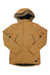 The Volcom Womens Shadow Insulated Jacket in tan features a fur-lined hood, front zipper, and multiple zippered pockets—ideal as a women’s ski jacket. Displayed on a white background.