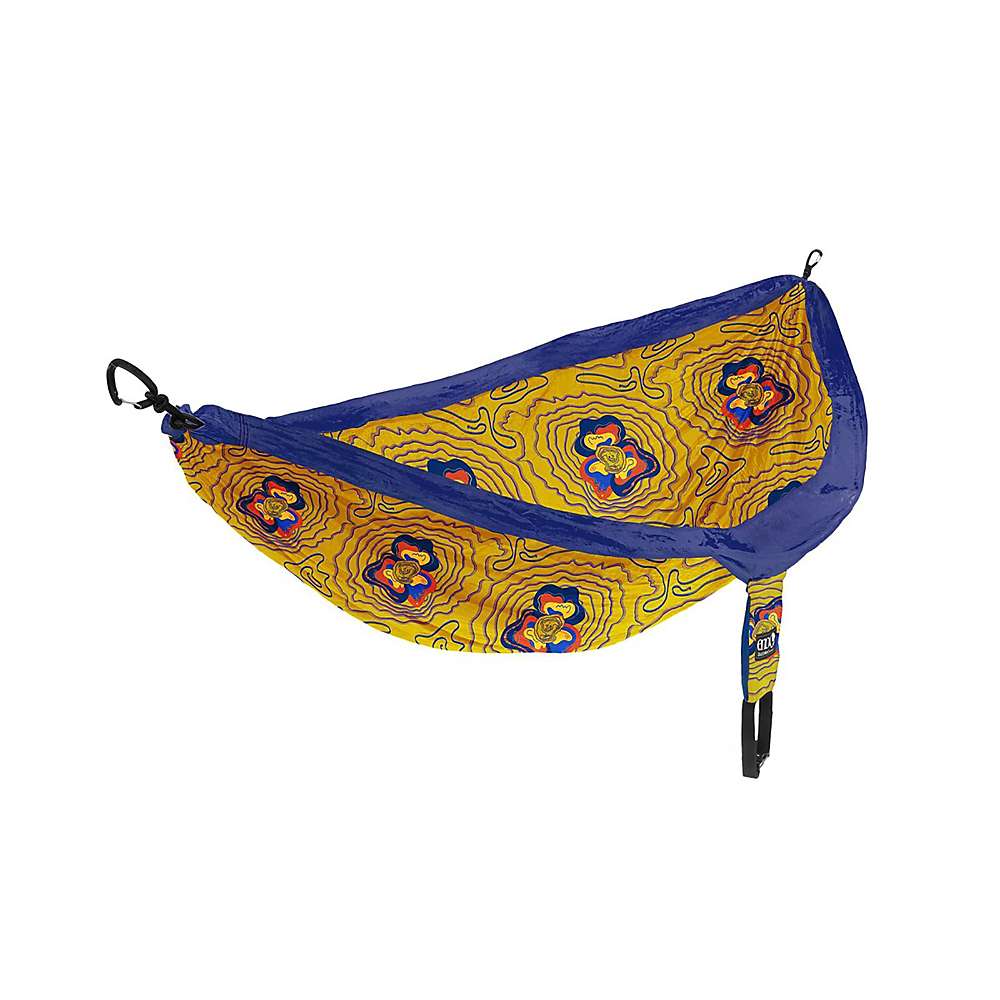 DoubleNest hammock, yellow fabric with blue border and floral medallion print