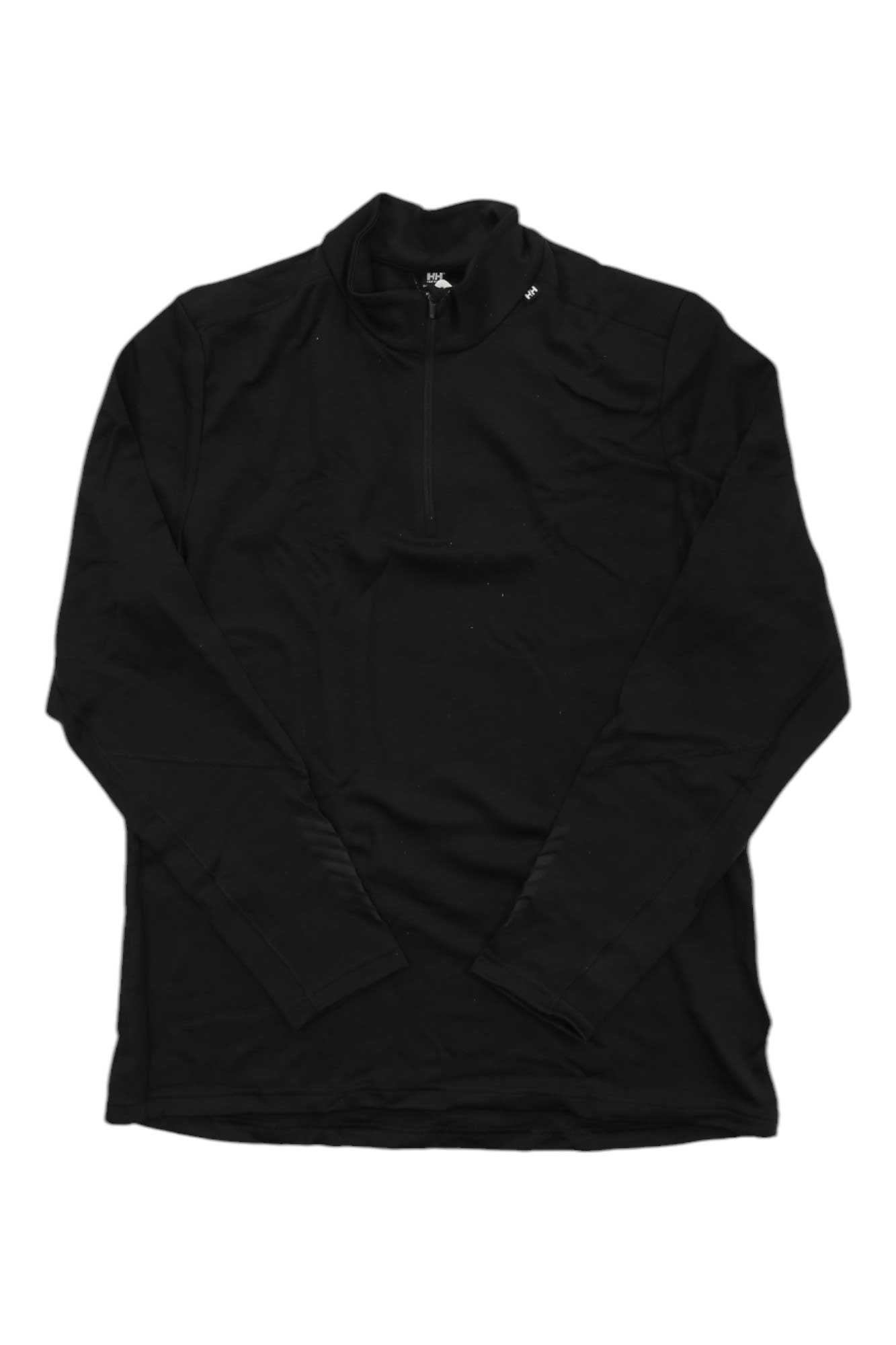 The Helly Hansen Mens Lifa Merino Midweight 1/2 Zip Top is a black, long-sleeved pullover shirt with a short collar zipper, displayed flat on a white background.