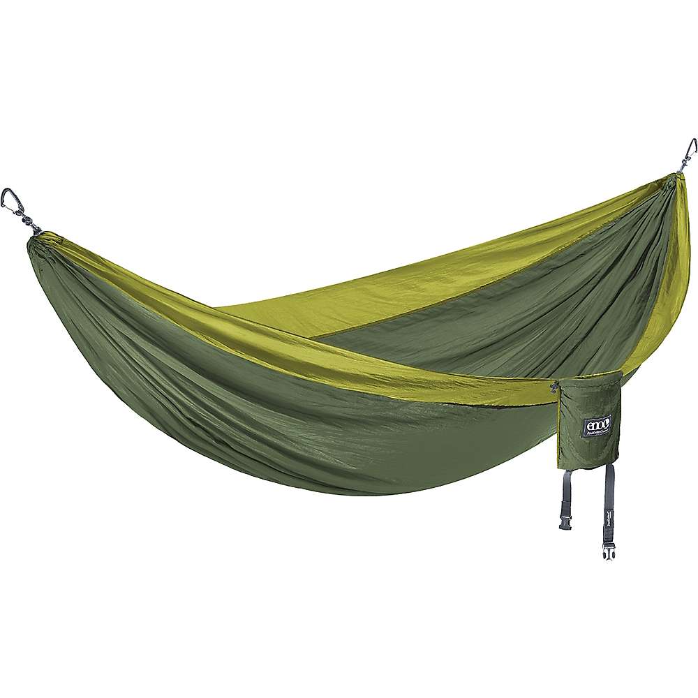 DoubleNest hammock, olive-green fabric with chartreuse edge and hanging loops.