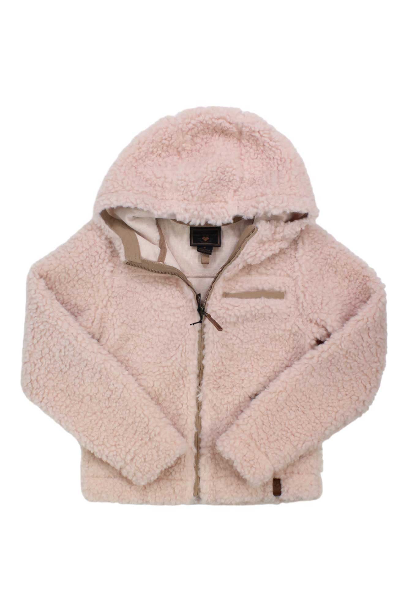 The Obermeyer Girls TG Amelia Sherpa Jacket in light pink features a hood, front zipper, long sleeves, chest zip pocket, and soft sherpa fleece—ideal for keeping kids cozy in winter.