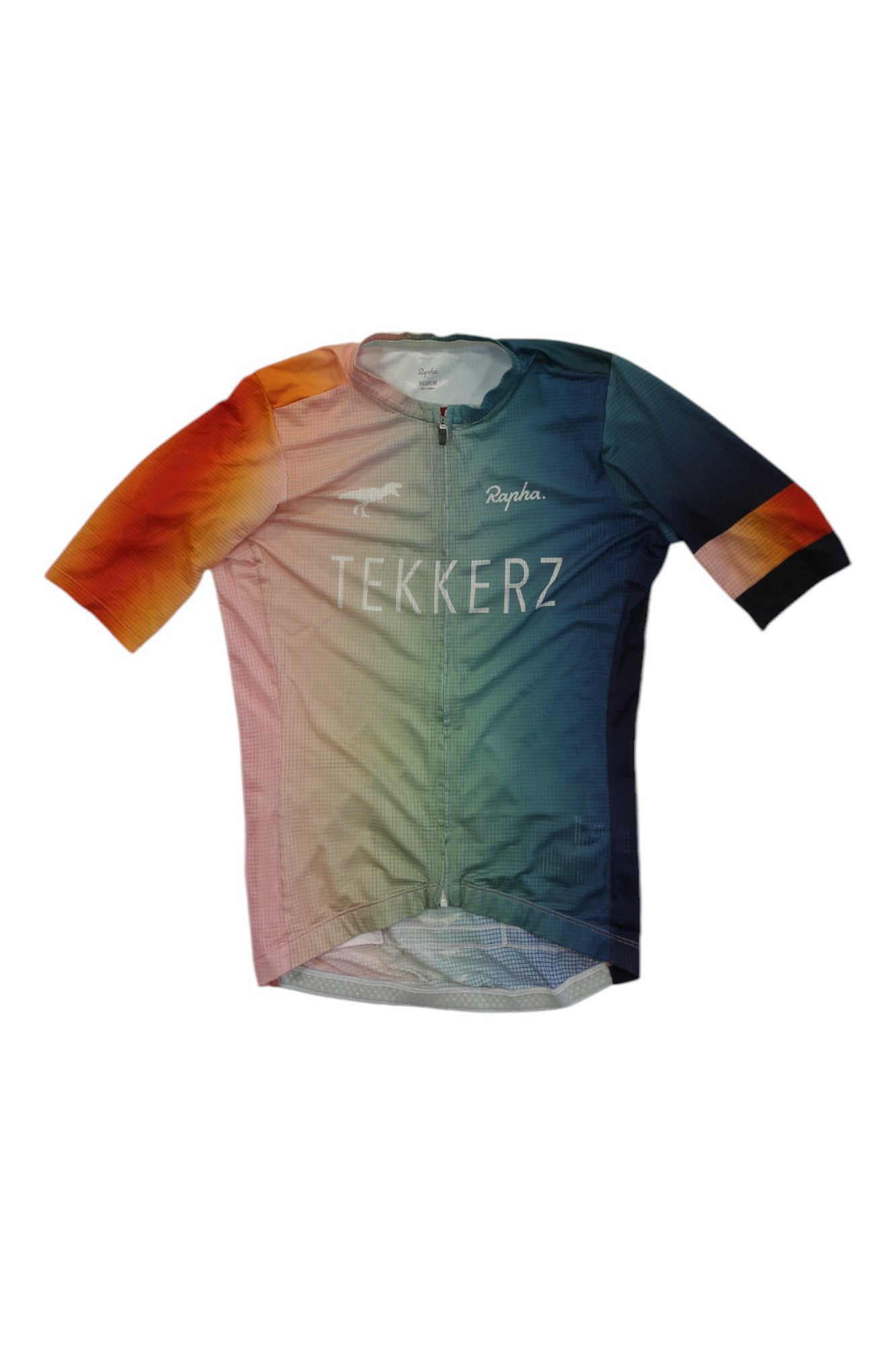 The Rapha Flyweight Race Jersey is a lightweight, short-sleeve cycling top with a vibrant red, orange, green, blue, and pink gradient. TEKKERZ and the Rapha logo appear on the front—ideal for high-performance rides.