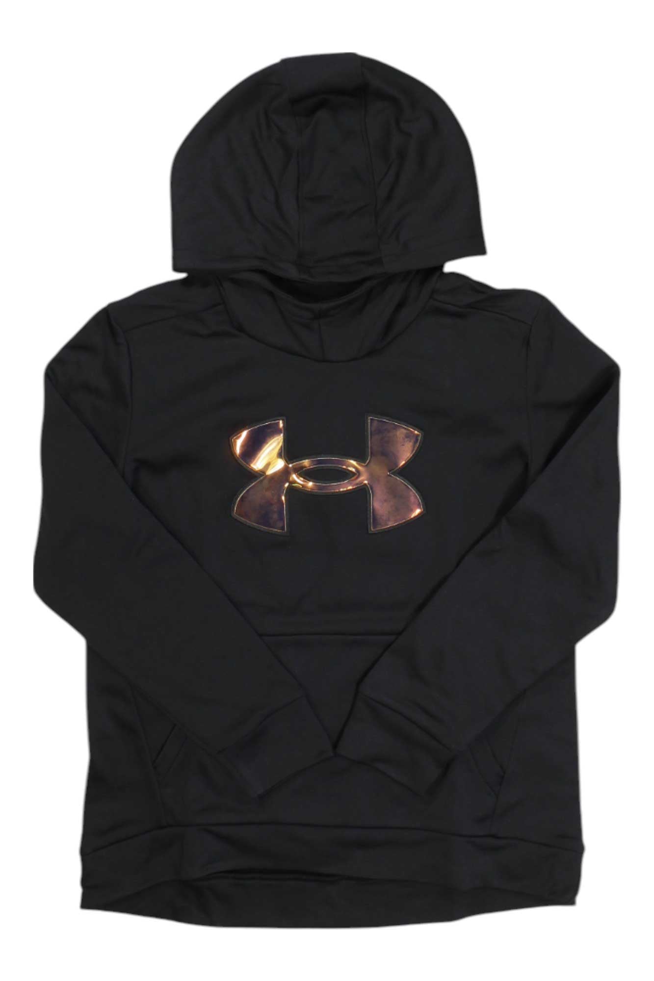 The Under Armour Girls Armour Fleece Irdsnt BL Hoodie features long sleeves, moisture-wicking fleece, and a metallic gold logo for a stylish, comfortable look.