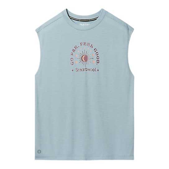 The Smartwool Womens Active Muscle Tank is a light blue, moisture-wicking top featuring “Go Far. Feel Good.” above a sun graphic and “Smartwool” below, shown on a plain white background.
