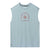 The Smartwool Womens Active Muscle Tank is a light blue, moisture-wicking top featuring “Go Far. Feel Good.” above a sun graphic and “Smartwool” below, shown on a plain white background.