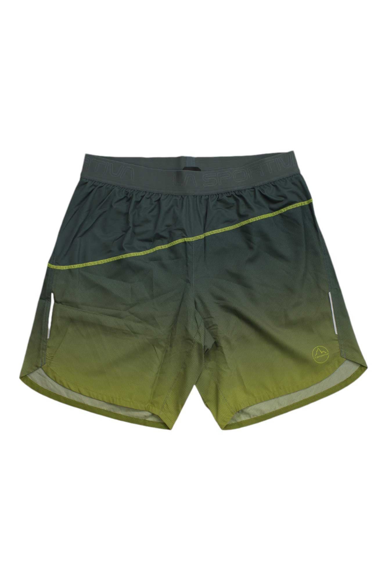 The La Sportiva Mens Medal Short features a gradient from dark green to yellow-green, a grey elastic waistband, and small reflective accents.