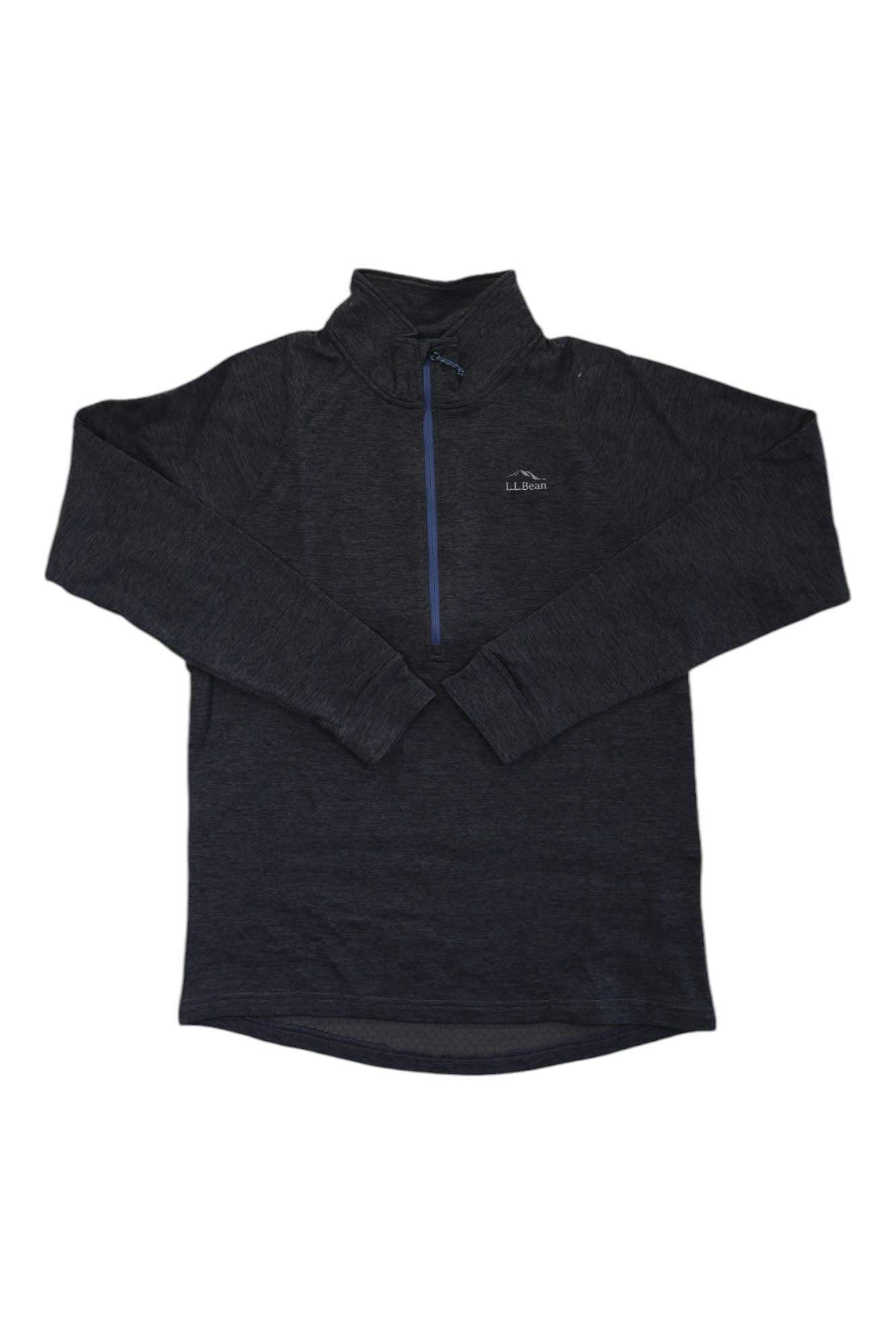The L.L.Bean Men's Adventure Grid Fleece 1/4 Zip Top features long sleeves, a dark gray color, blue zipper, chest logo, stand-up collar, and moisture-wicking fabric. It is shown laid flat on a white background.