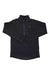 The L.L.Bean Men's Adventure Grid Fleece 1/4 Zip Top features long sleeves, a dark gray color, blue zipper, chest logo, stand-up collar, and moisture-wicking fabric. It is shown laid flat on a white background.