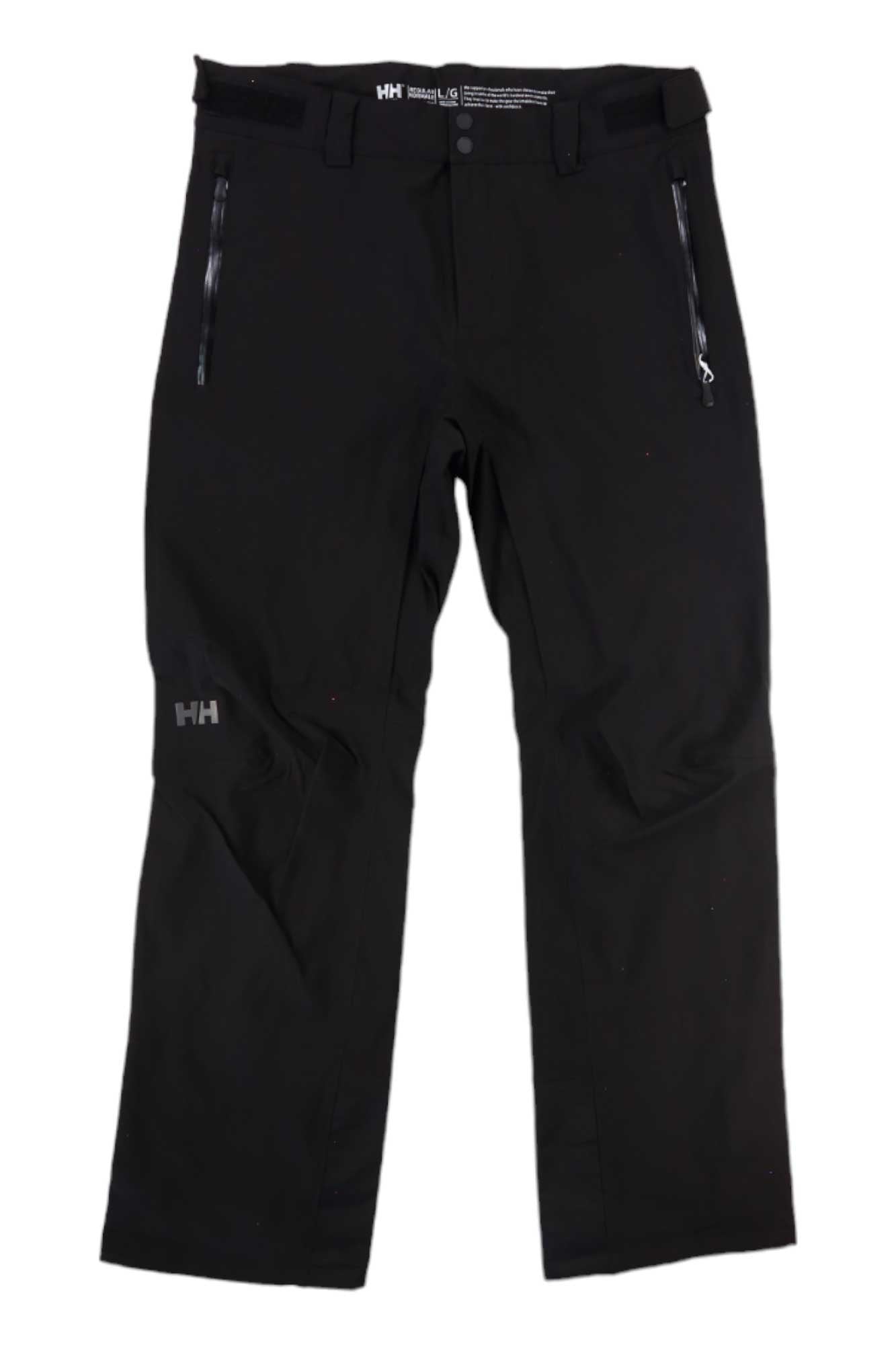 Helly Hansen Men's Swift 3L Shell Pant in black, featuring zippered side pockets, belt loops, a button closure, and an HH logo on the upper thigh. Ski shell pants shown laid flat on a white background.