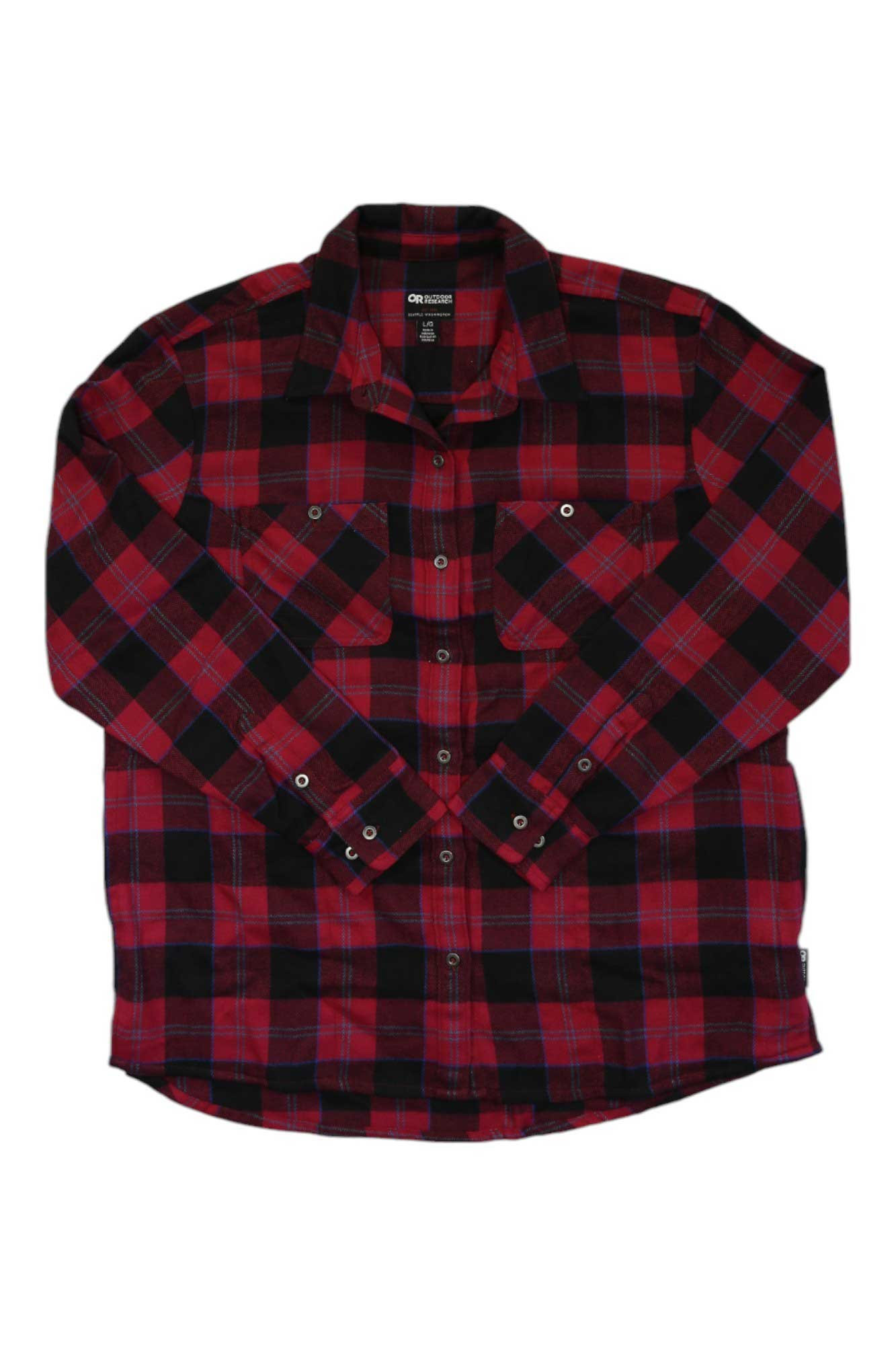 Women’s flannel shirt in red/black plaid, button front, two chest pockets