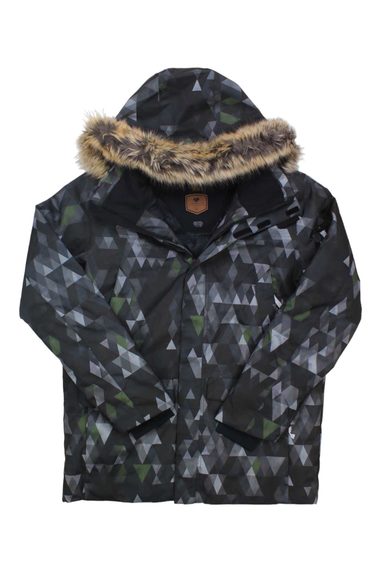 The Obermeyer Mens Ridgeline Jacket with Faux Fur features a gray and green geometric triangle pattern, waterproof design, and faux fur-trimmed hood. Shown laid flat on a white background.