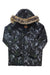 The Obermeyer Mens Ridgeline Jacket with Faux Fur features a gray and green geometric triangle pattern, waterproof design, and faux fur-trimmed hood. Shown laid flat on a white background.