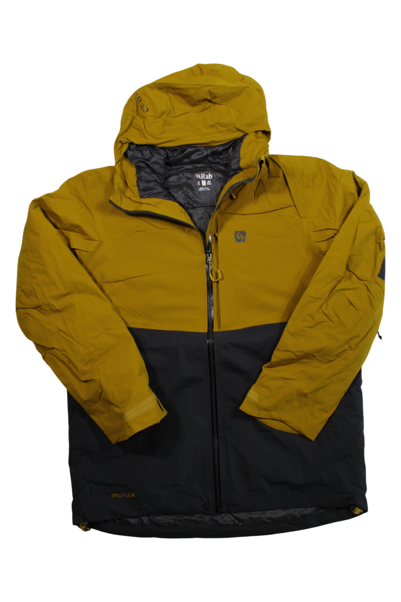 The Rab Mens Khroma Diffract Jacket is a yellow and black insulated men’s jacket with a hood, front zipper, and visible Rab logos on the chest and hood—ideal for hiking and camping, shown against a white background.