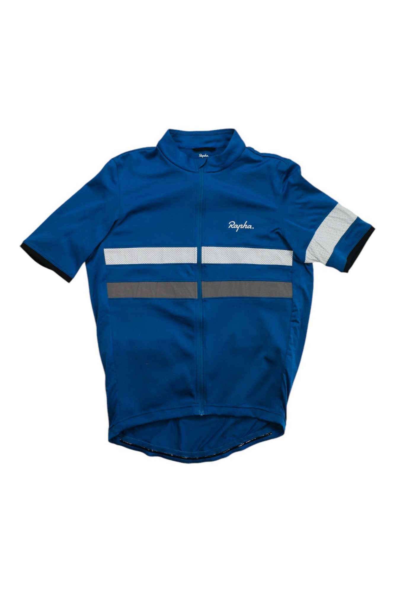 The Rapha Brevet Lightweight Jersey is a blue short-sleeve cycling top with horizontal white and gray stripes, a front zipper, and "Rapha" on the chest—designed for performance and comfort.