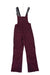 The maroon Obermeyer Womens Bliss Bib Pant features black adjustable straps, multiple zippered chest and leg pockets, and reinforced knee patches—perfect waterproof bibs for winter adventures, shown laid flat on a white background.