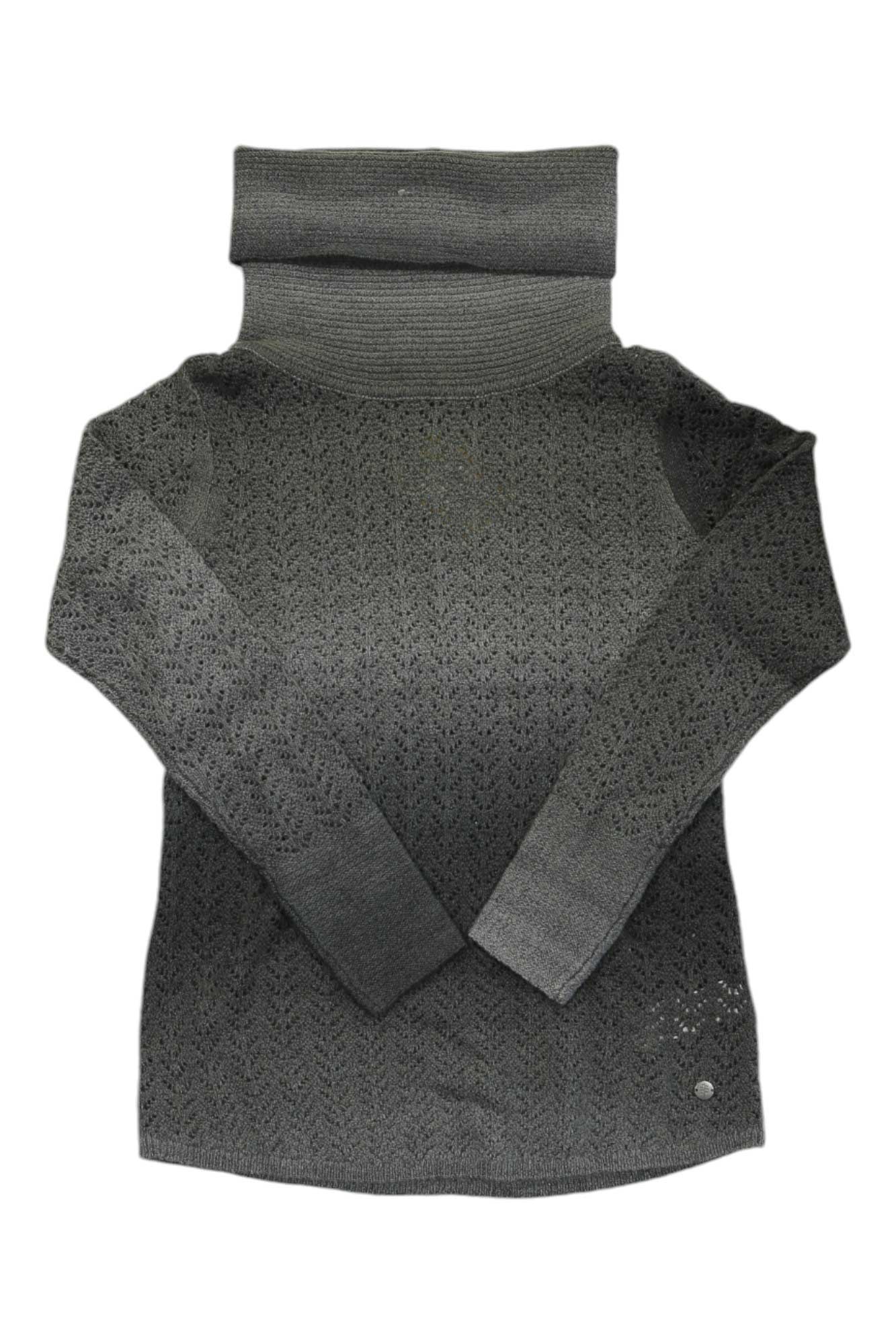 Women’s knit turtleneck sweater, slate gray with long sleeves and ribbed cuffs
