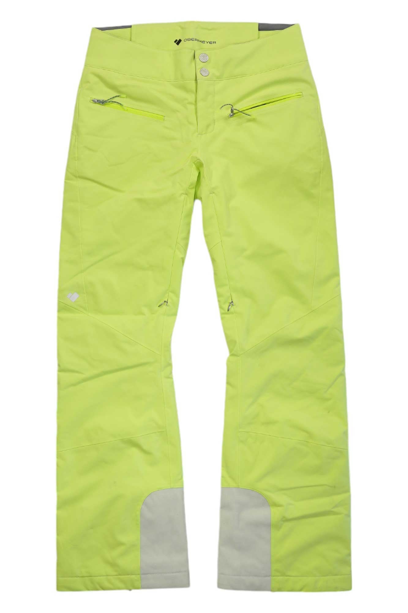 A pair of Obermeyer Bliss Snow Pants in bright yellow, featuring front zipper pockets, button closure, and reinforced gray inner ankle patches, is shown laid flat on a white background.