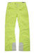 A pair of Obermeyer Bliss Snow Pants in bright yellow, featuring front zipper pockets, button closure, and reinforced gray inner ankle patches, is shown laid flat on a white background.