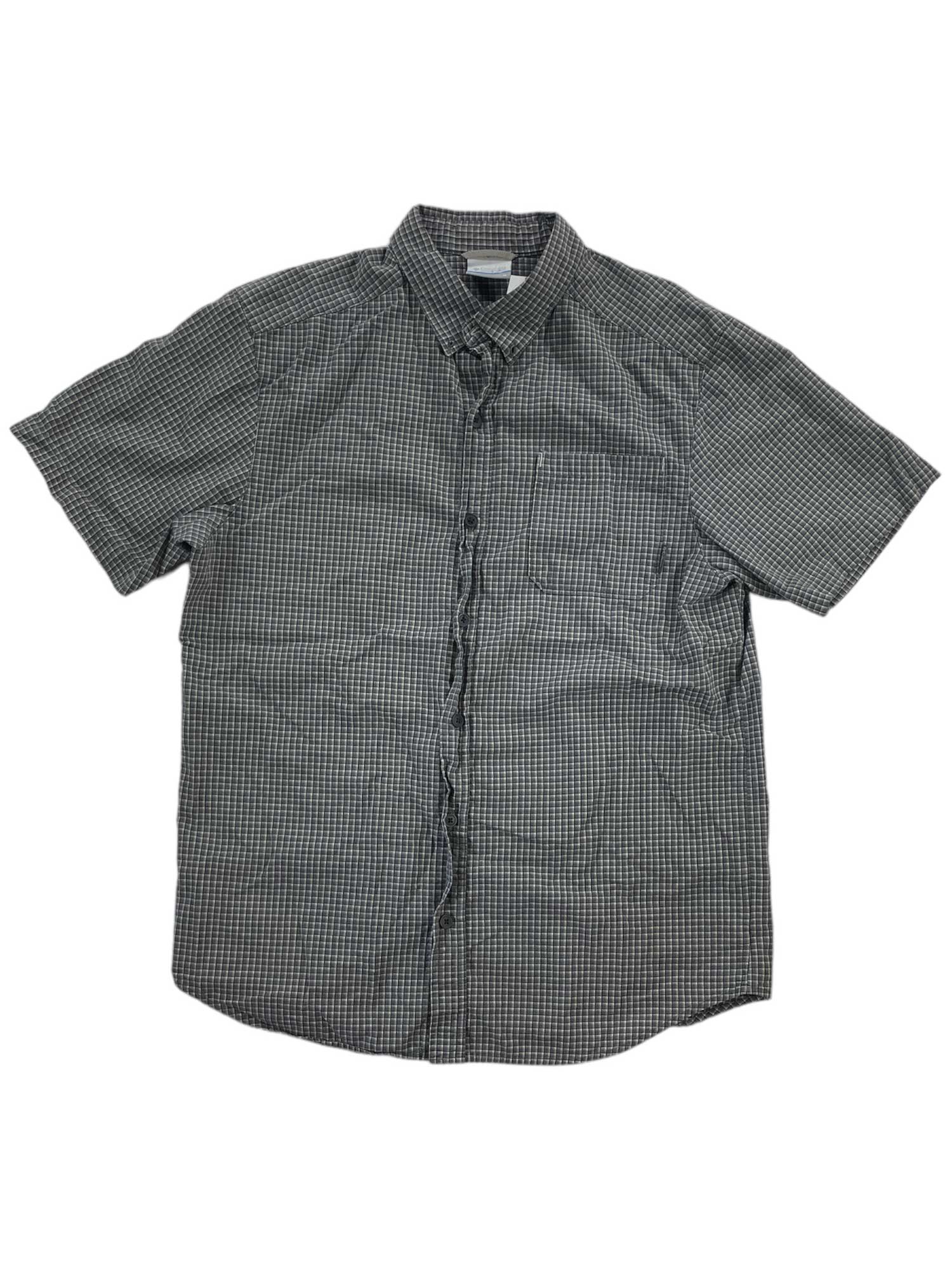 The Columbia Men's Short Sleeve Button Up Shirt features a dark gray and white plaid pattern with a collared design.