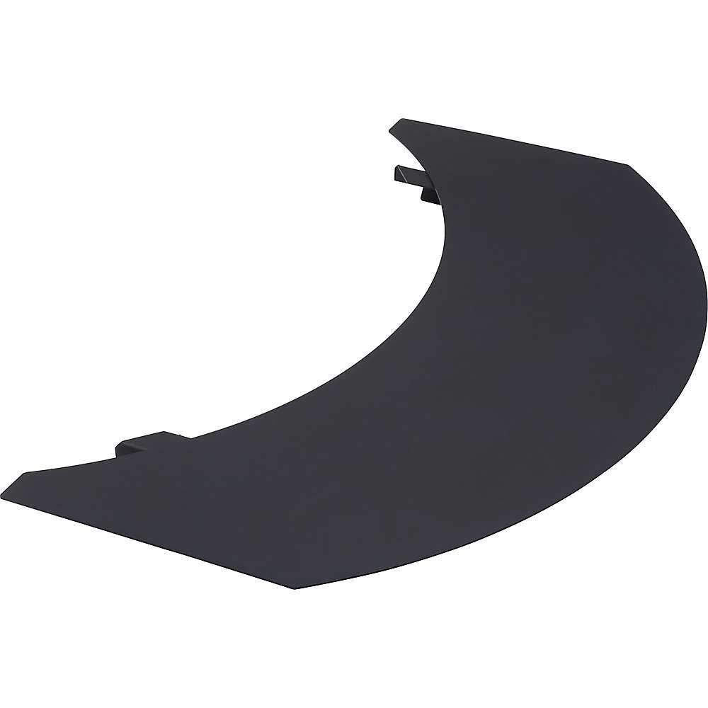 A curved, flat, solid steel black plate with two rectangular tabs on one edge, the Barebones Cowboy Fire Pit Grill Side Table is a protective or structural component for camping grill equipment.