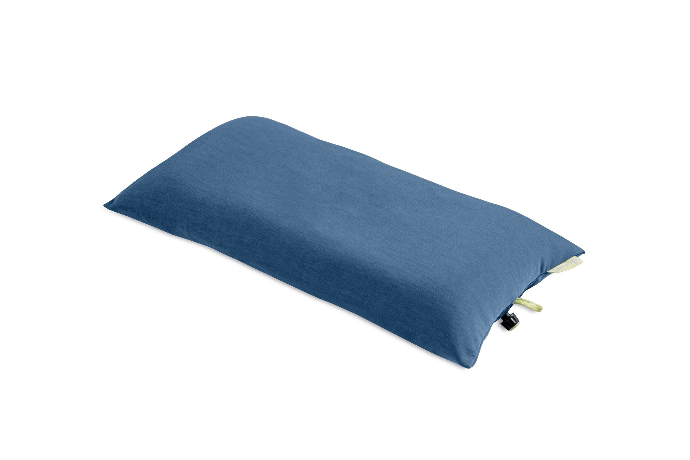 The Nemo Fillo Elite Pillow, a blue rectangular camping pillow with a soft cover, rests on a white background. It features a small black valve and yellow strap for easy inflation and ultralight backpacking use.