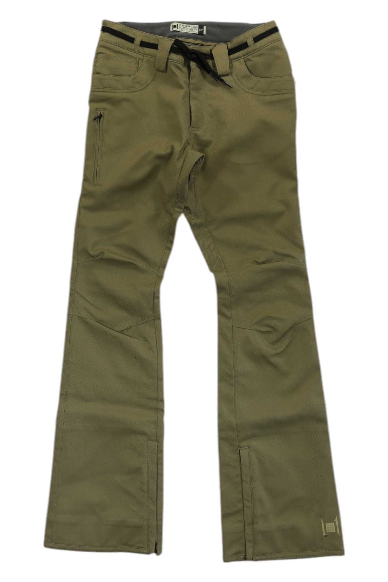 The L1 Womens Heartbreaker Twill Pant features an olive green straight-leg cut, black belt, zippered right thigh pocket, knee seam detailing, belt loops, and a button closure—perfect for skiing or snowboarding.