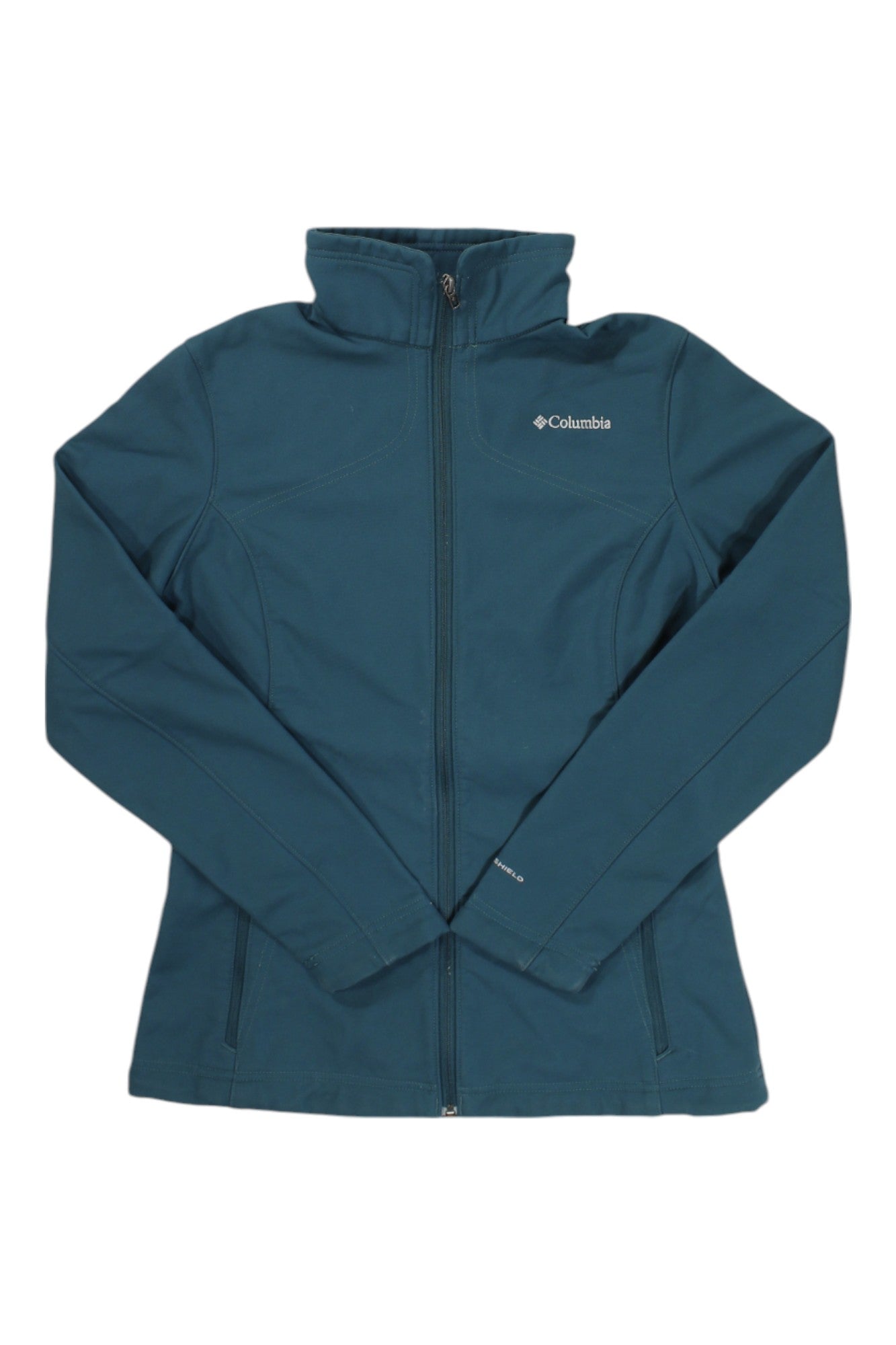 The Columbia Womens Kruser Ridge II Softshell Jacket in teal features long sleeves, a high collar, and the Columbia logo on the left chest. This water-resistant hiking jacket is shown laid flat on a white background.